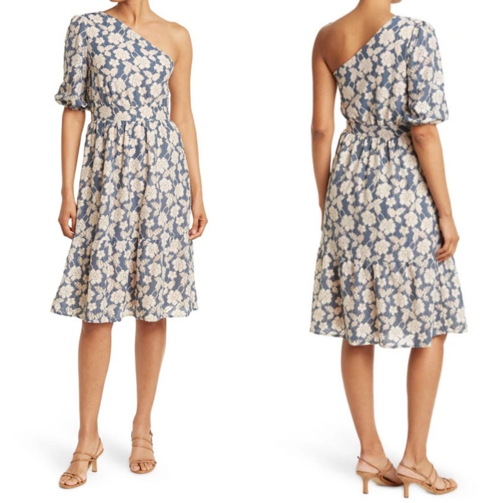 NEW NSR Prairie NAVY & CREAM One Shoulder FLORAL LACE Ruffle MIDI DRESS M